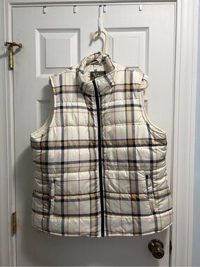 Natural Reflections Cream Plaid Quilted Vest with Navy & Tan Accents